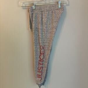 Justice girl’s size 7 marbled gray jogger sweatpants, pink glitter logo
